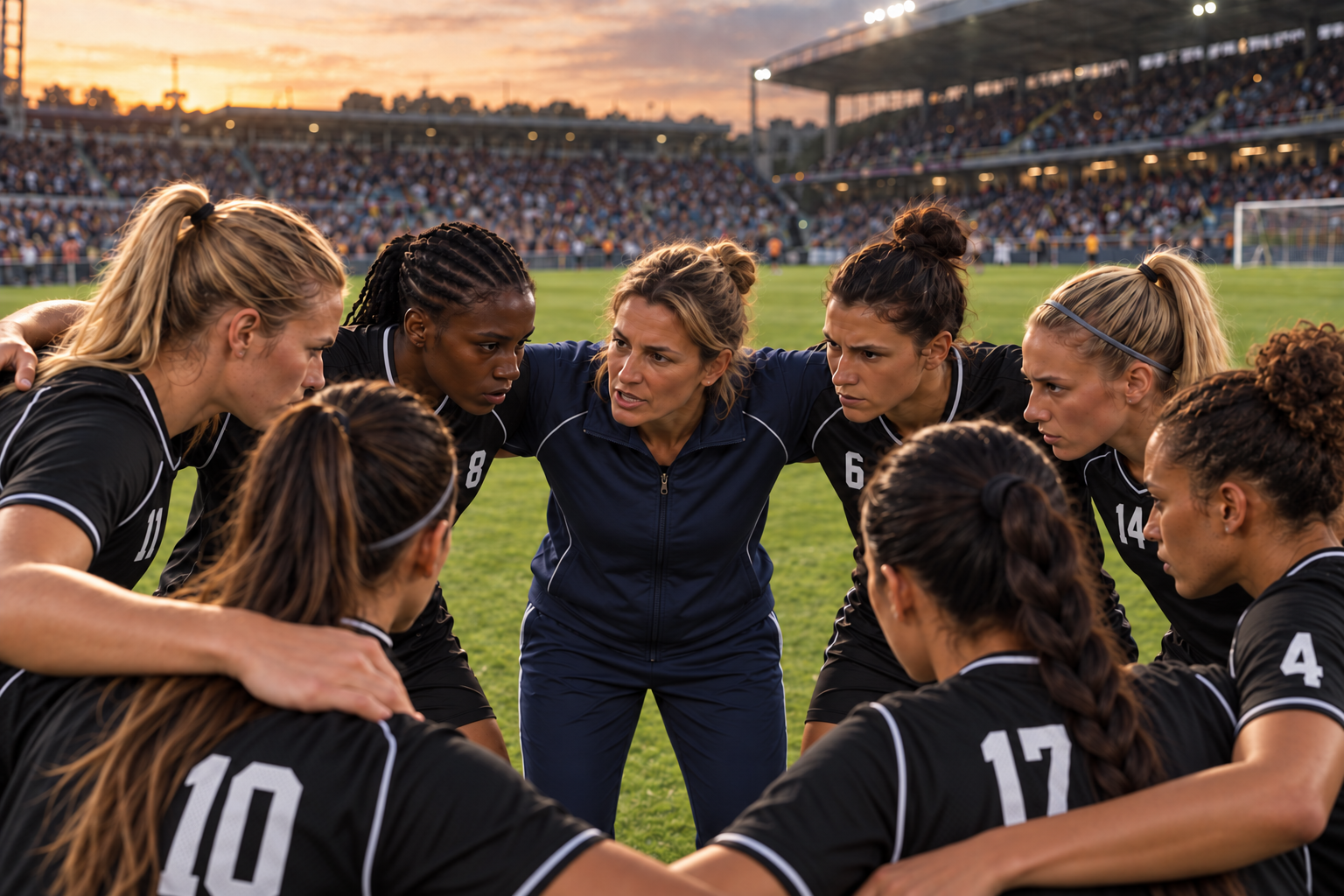 Équipe féminine de football en cercle avec sa coach