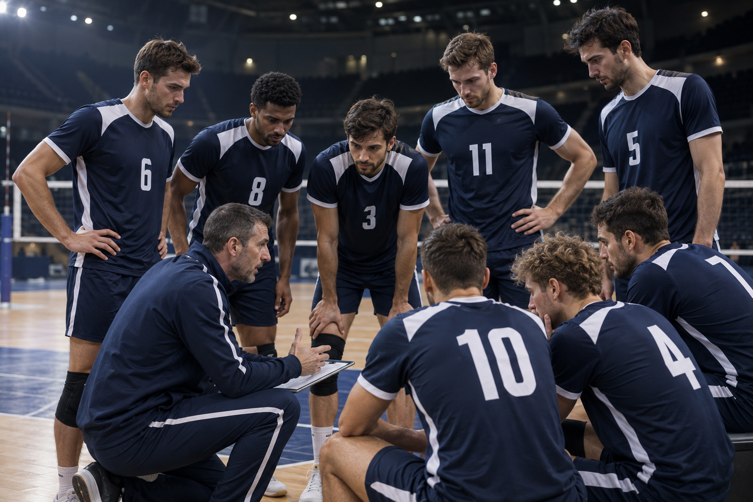 Équipe masculine de volley-ball de haut niveau en briefing avec son coach